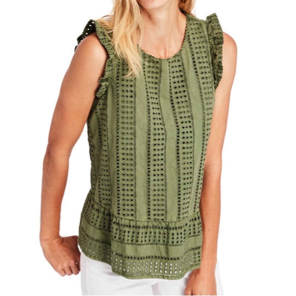 Vineyard Vines Green Sea Spray Eyelet Ruffle Sleeveless Peplum Top, Small NWT